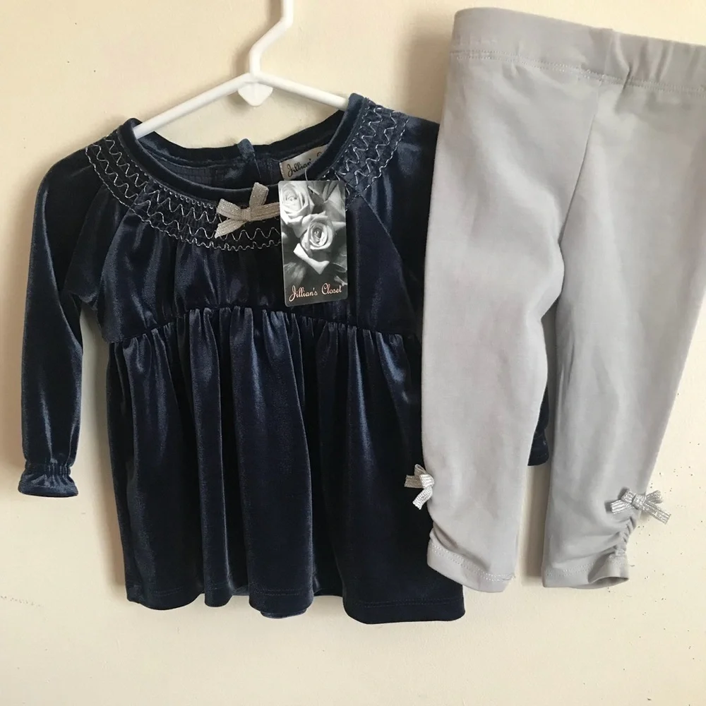 Baby Girl Blue Velvet Silver Bow Dress Set